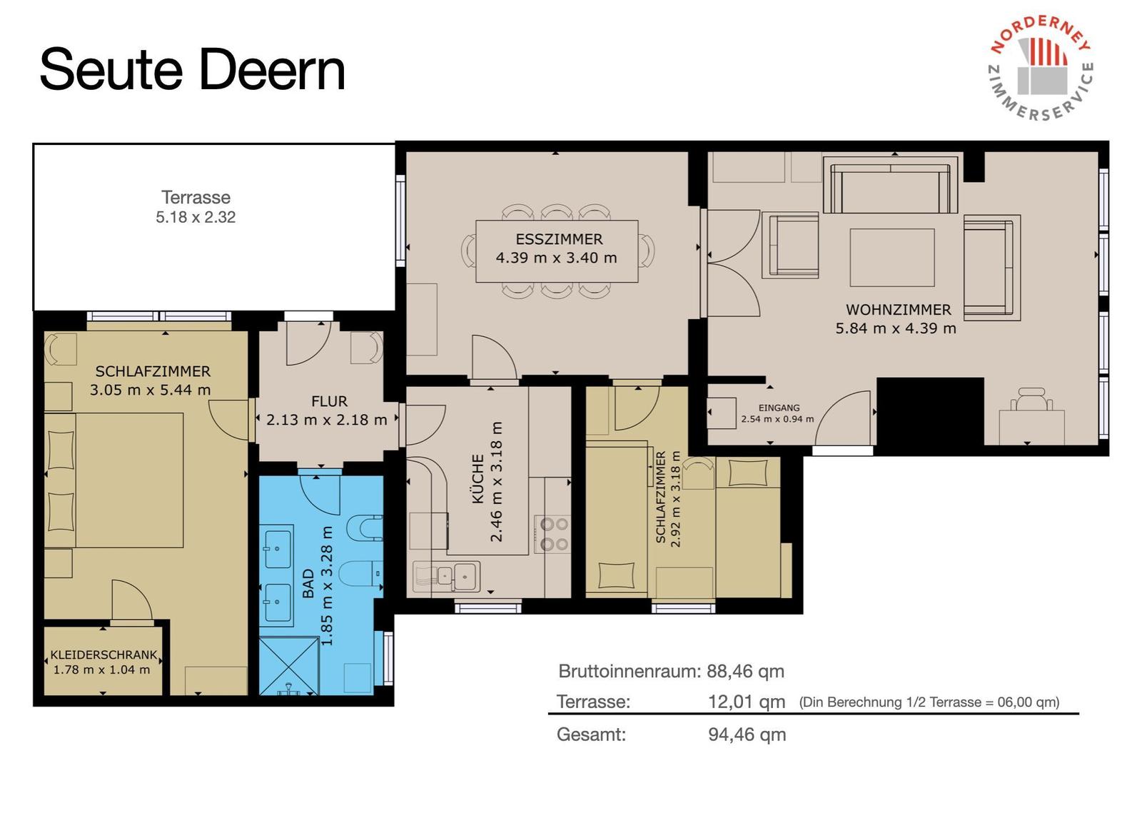 Wohnung mit Küche, Essbereich, Schlafzimmer und Bad. Wohnbereich mit Sofa und Fernseher.