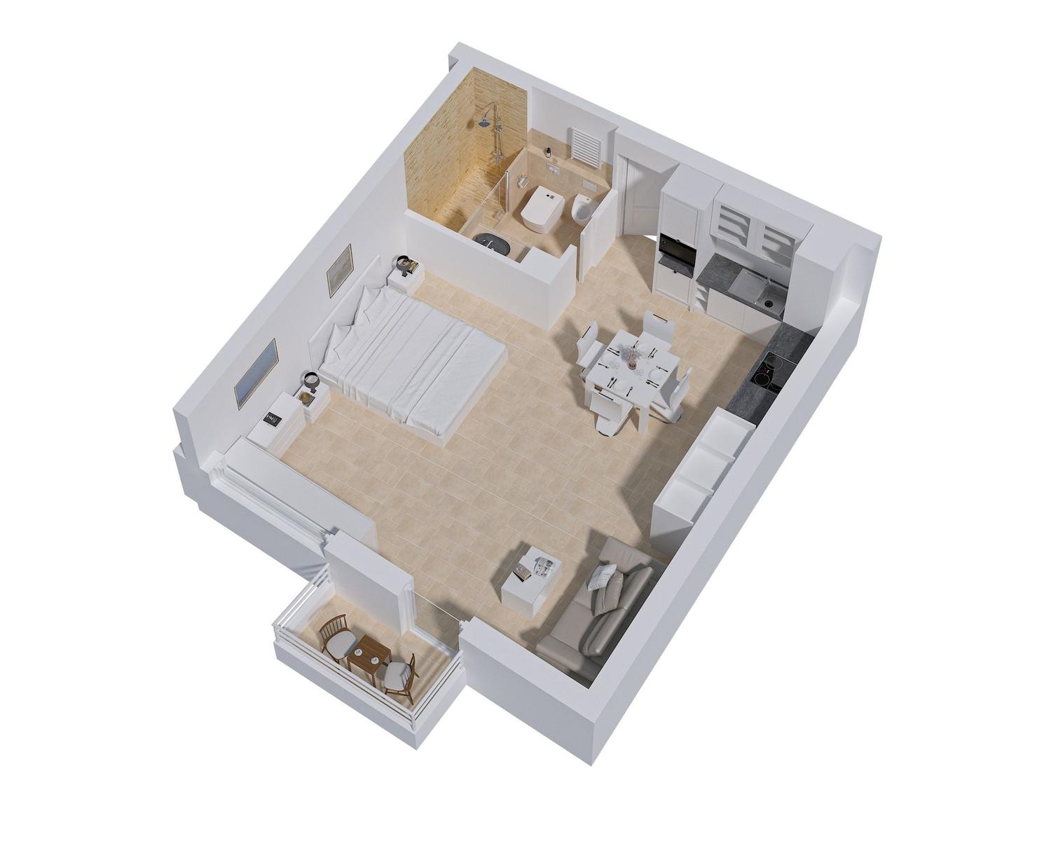 A modern apartment with bedroom, kitchen, bathroom, and terrace.