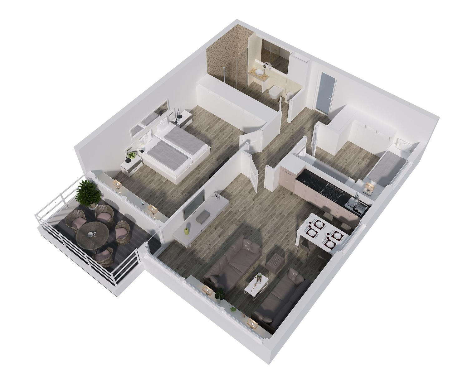 Wohnung mit Schlafzimmer, Küche, Bad und Balkon mit Sitzgelegenheit.