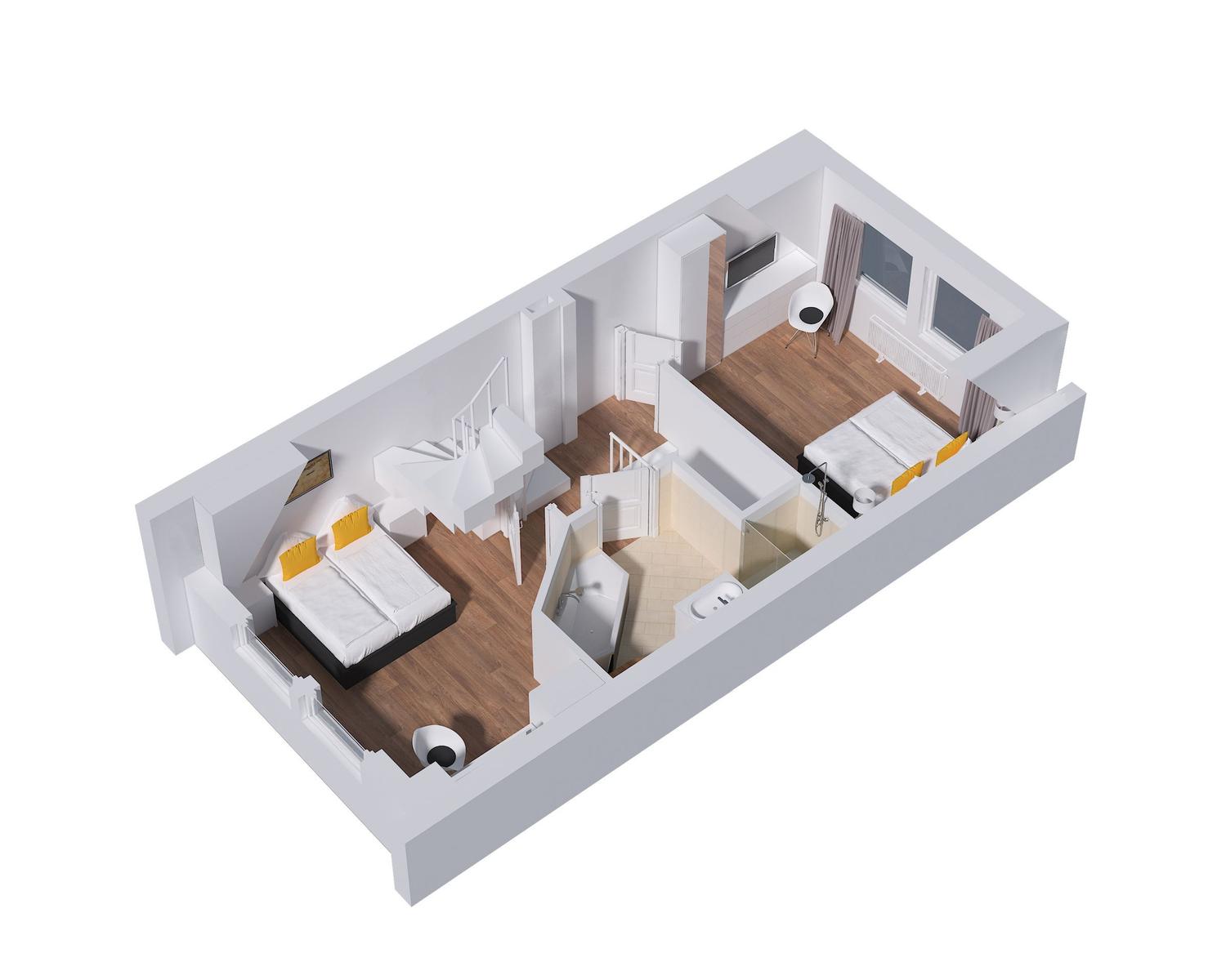 Wohnung mit Küche, Essbereich, Wohnzimmer und Garten mit Pavillon.