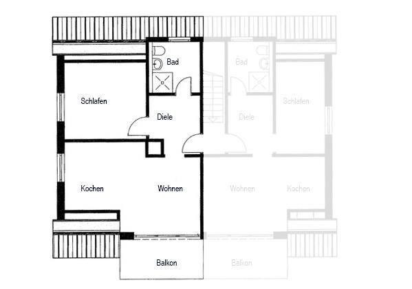Zwei Zimmer mit Bad, Küche, Wohnen und Balkon. Flur und Treppenhaus sichtbar.