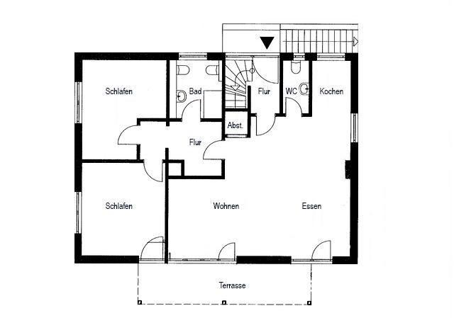 Geschossplan zeigt Schlafzimmer, Wohn- und Essbereich, Küche, Bad und Terrasse.
