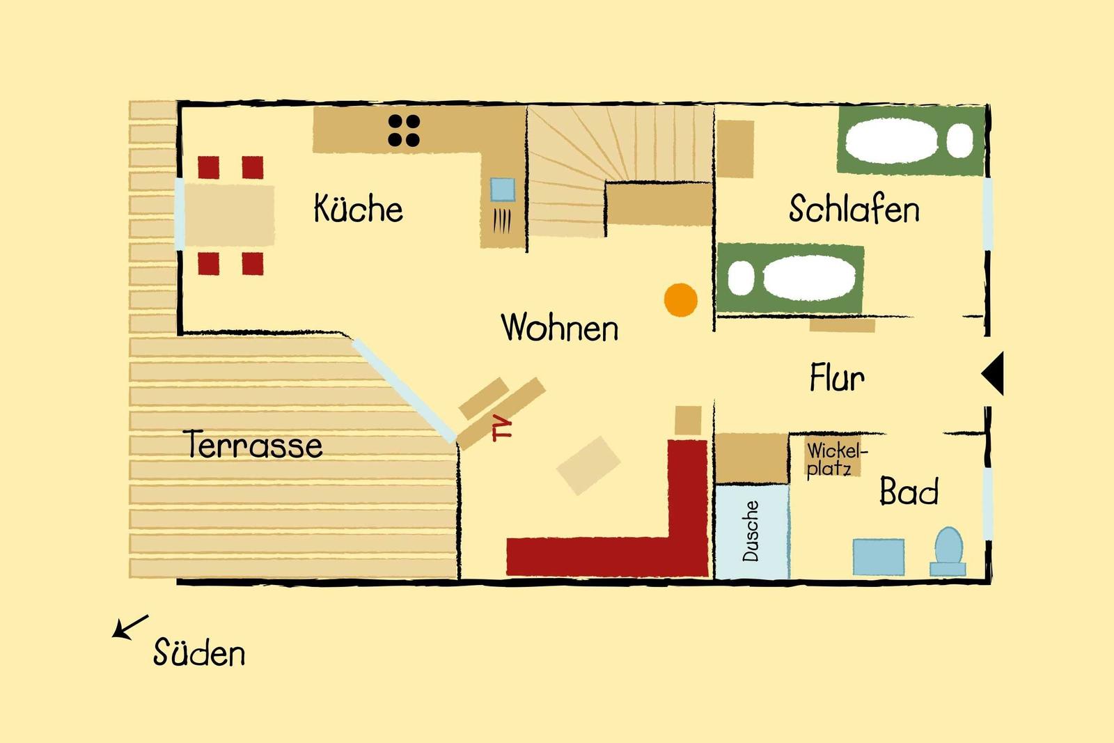 Hinterhof mit Spielplatz, Schaukel und Trampolin. Rotes Haus mit Balkon.