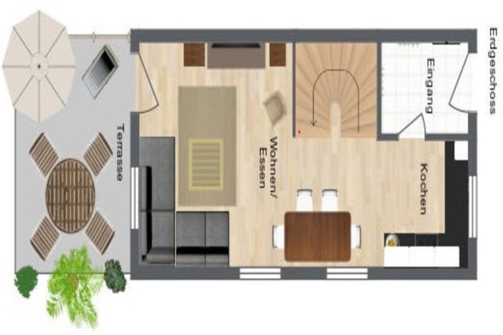 Holzumzäunter mit Spielplatz und Bäumen im Hintergrund.