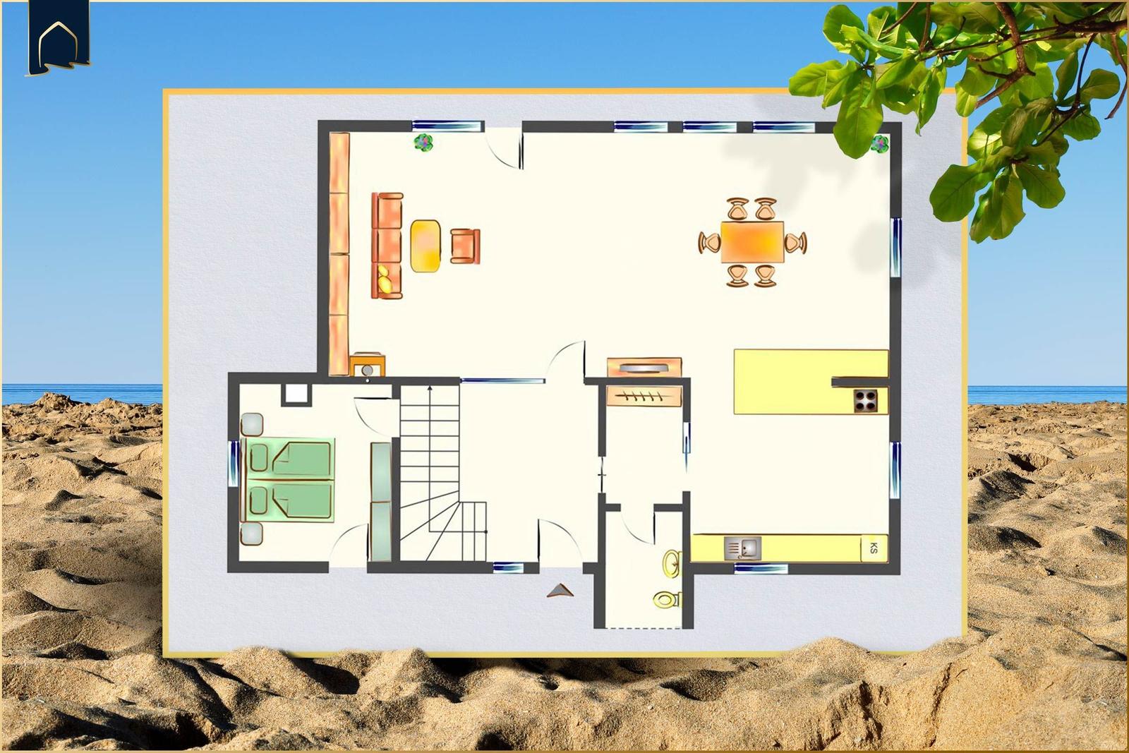 Haus am Ufer eines Sees mit Wald und Feldern im Hintergrund.