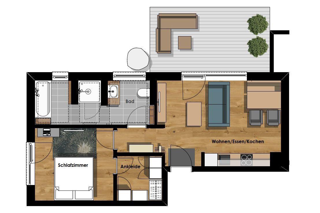 Moderne zweistöckige Villa mit Balkon und Fenstern. Grüne Pflanzen im Vordergrund.