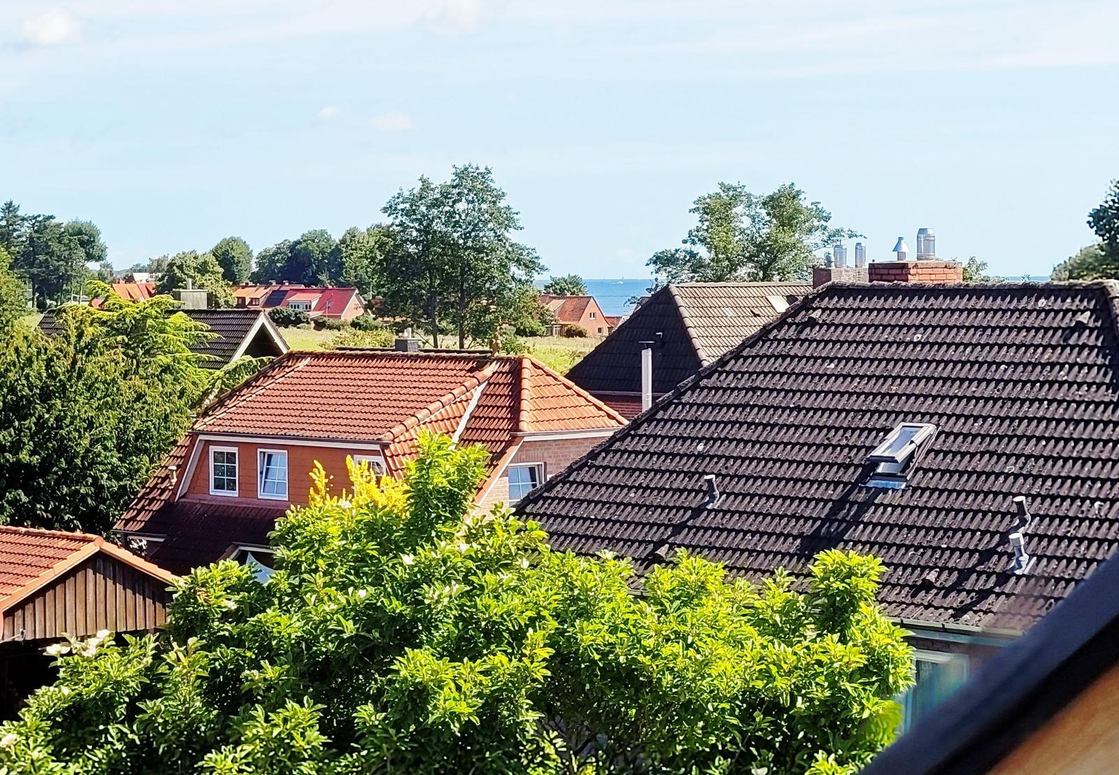 Village with houses and green areas by the sea