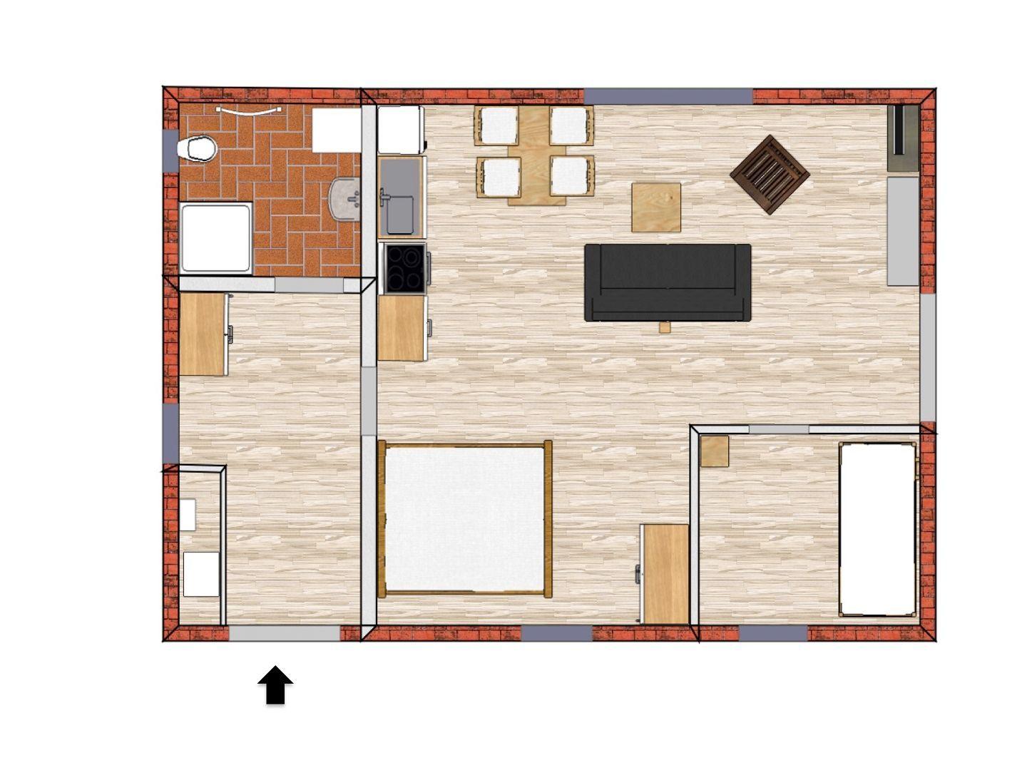 Holzschild mit Hausnummer 4 an roter Ziegelwand neben grüner Tür.