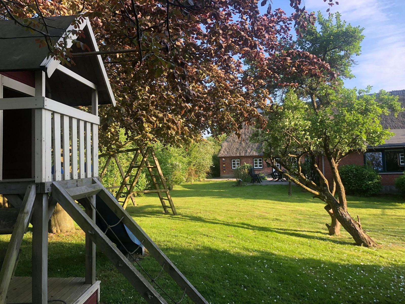 Holzsauna im Garten mit Sitzbänken und Fenster