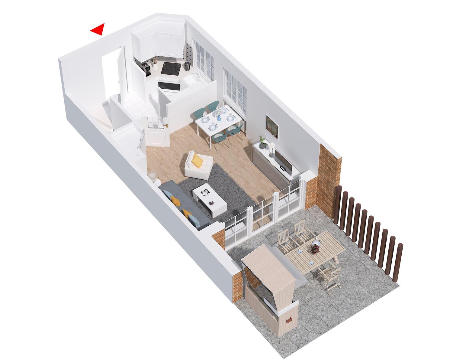 Schlafzimmer mit gelbem Bett und Bad mit Dusche und Waschbecken