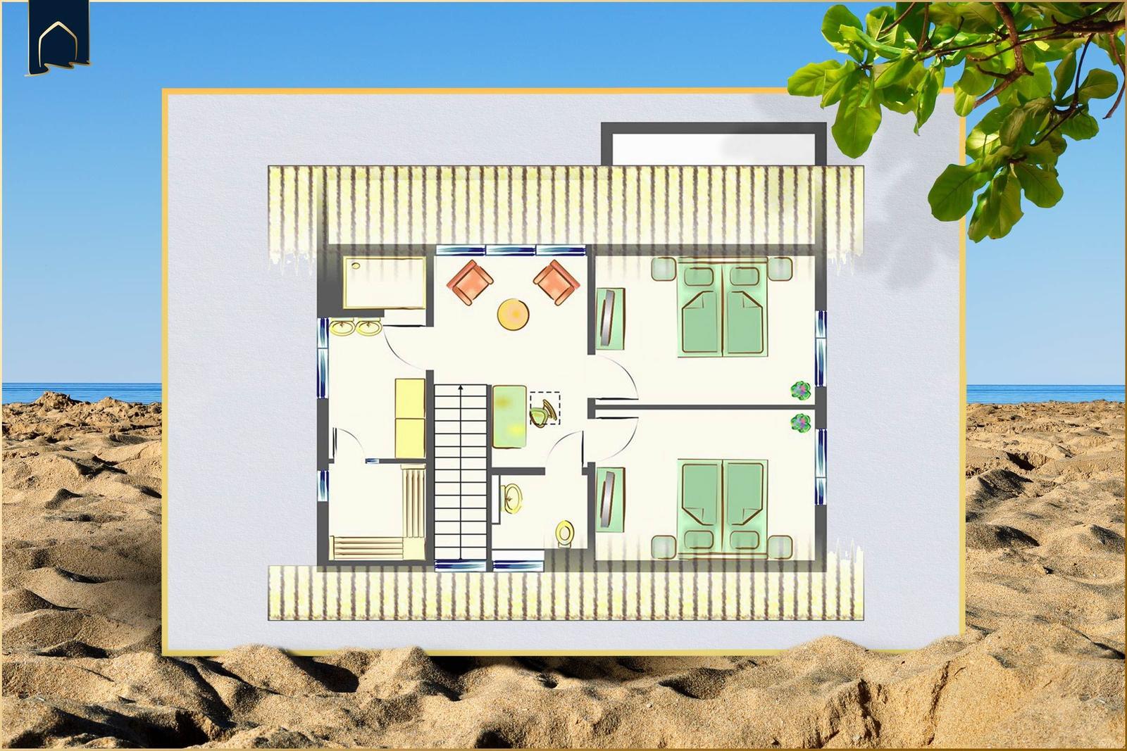 Ferienhaus Störtebekers Reethus mit DTV-Zertifikat für 6 Personen auf Sand mit Muschel und Seestern.