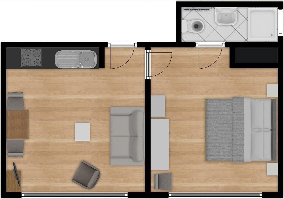 Wohn- und Essbereich mit Sofa, Tisch und Stühlen. Große Fenster, Holzboden und Wandbilder.