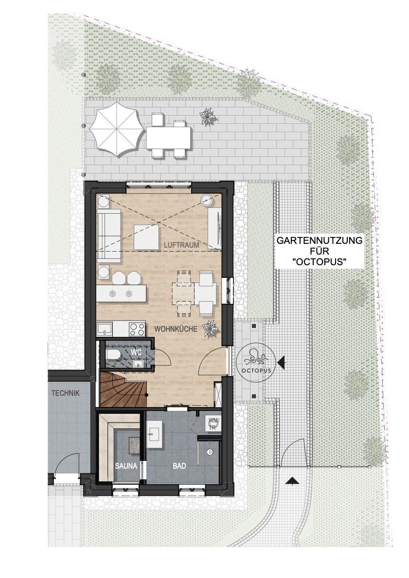 Grundriss einer Ferienwohnung mit Gartenbereichen, Parkplätzen und Fahrradstellplatz.