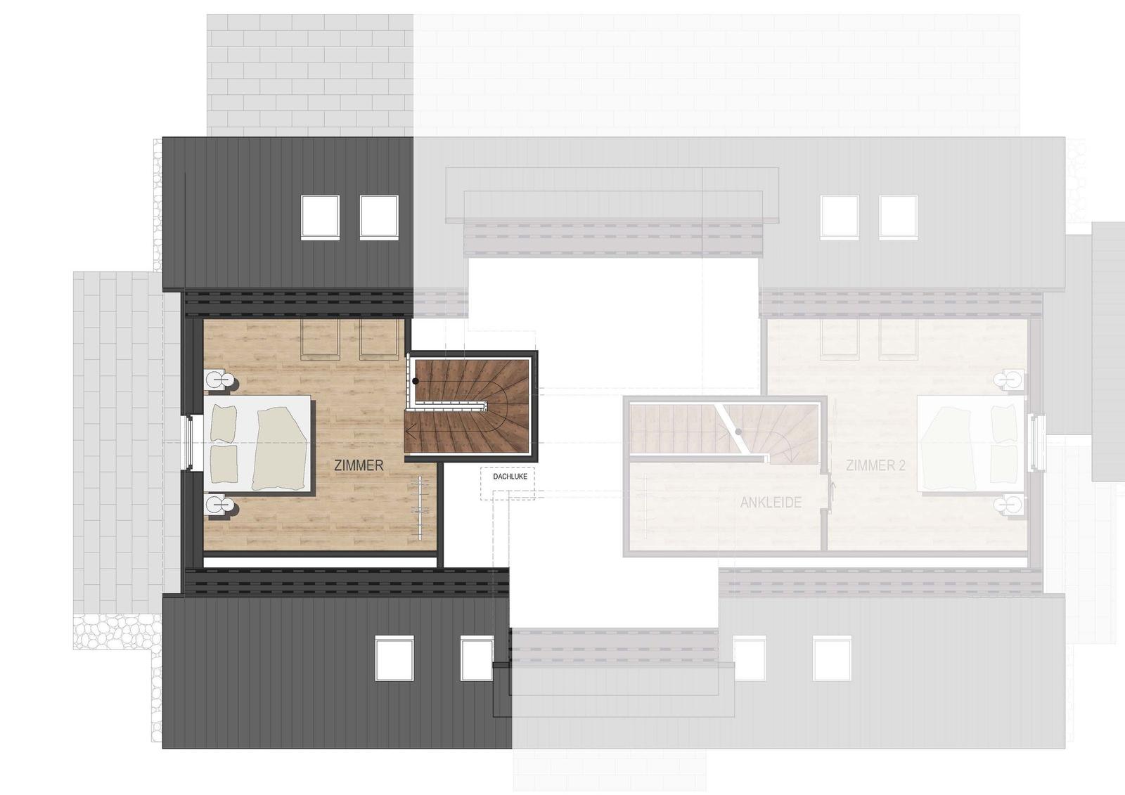 Wohnküche, Schlafzimmer und Bad im Erdgeschoss mit Flur und Terrasse.