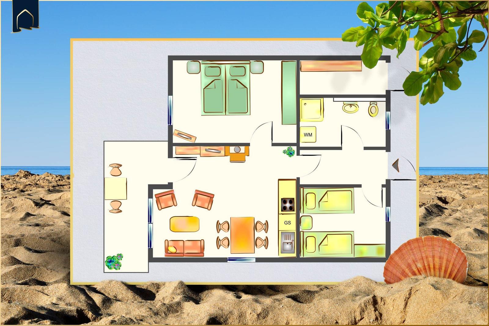 Haus in idyllischer Lage mit Blick auf Strand und Meer.