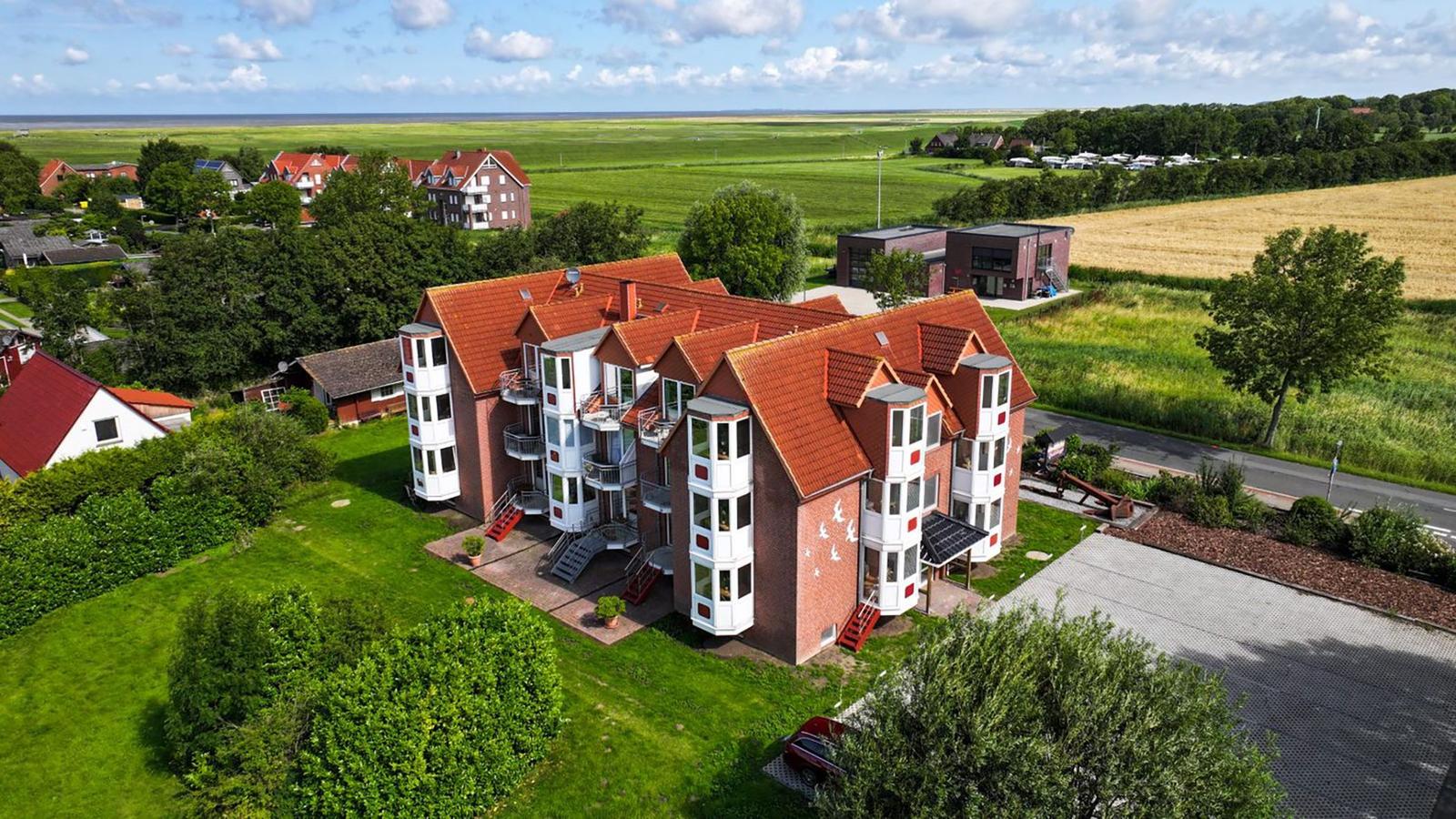 Holzspielplatz mit Rutsche und Schaukel im Gras nahe Meer.