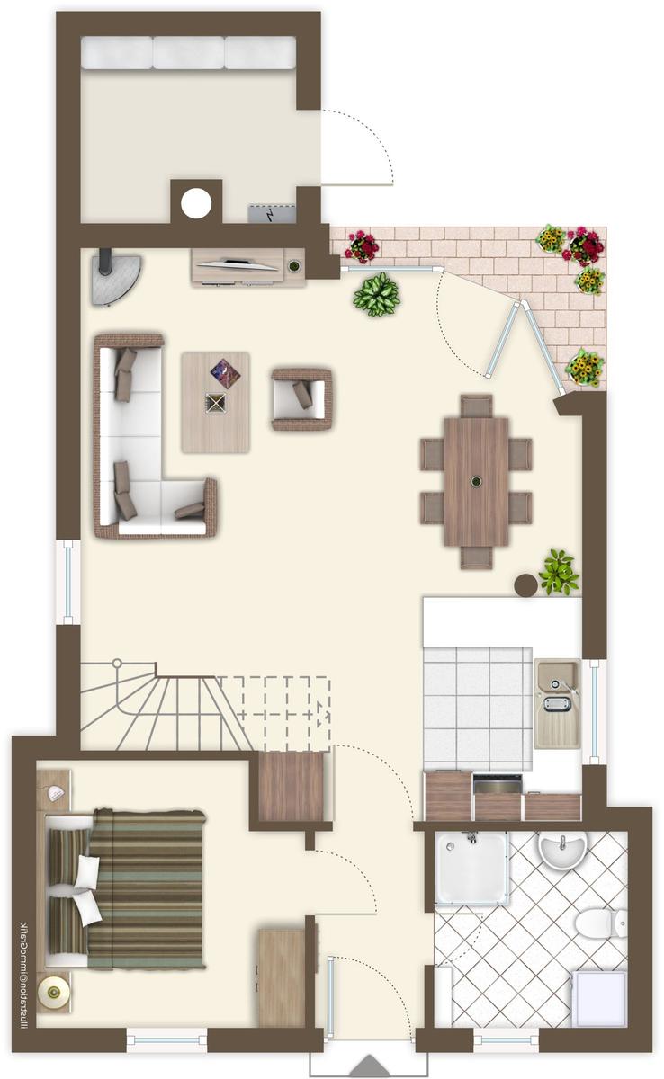 Haus mit rotem Dach und grünem Garten. Pflasterweg führt durch die Anlage.