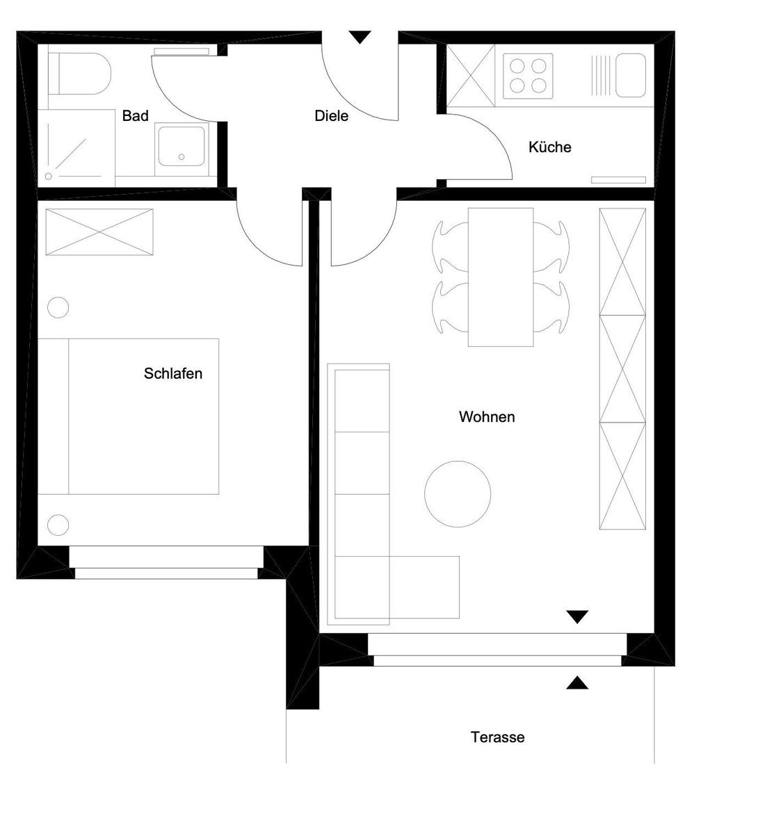 Haus mit Terrassen und Sonnenschirmen in grüner Umgebung