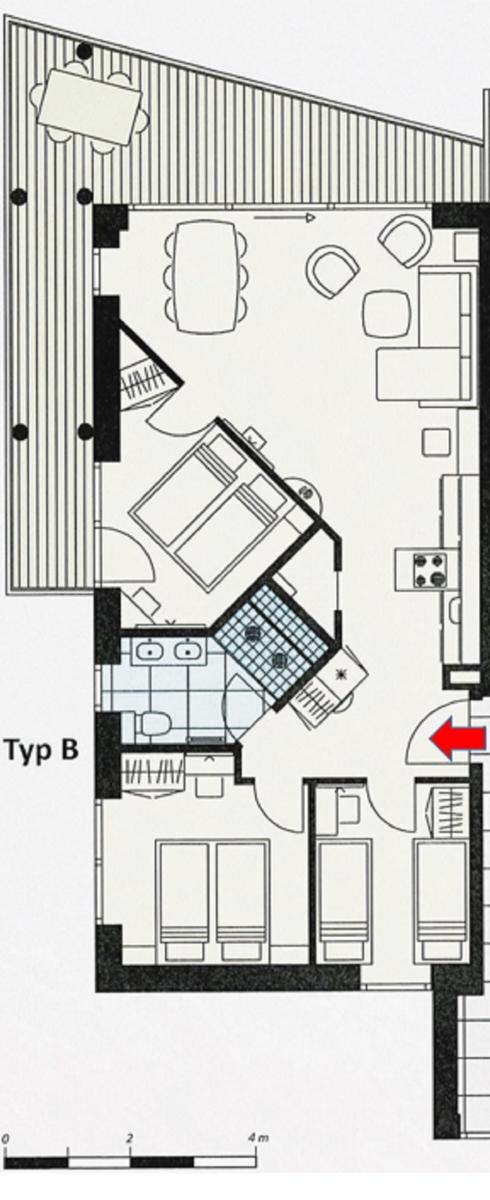Typ B Wohnung mit Küche, Essbereich, Schlafzimmer und Bad.