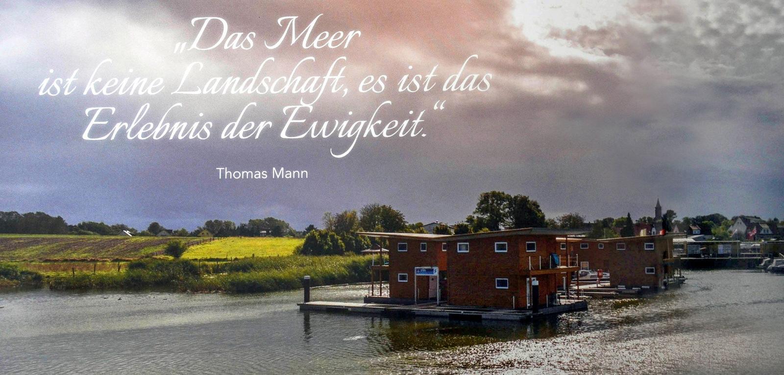 Sonnenuntergang über ruhigem Wasser mit Strommasten im Hintergrund.