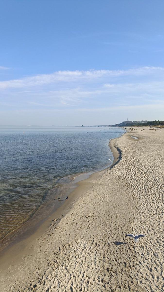 Sandweg führt zum Strand bei Sonnenuntergang mit rosa-orange gefärbtem Himmel.
