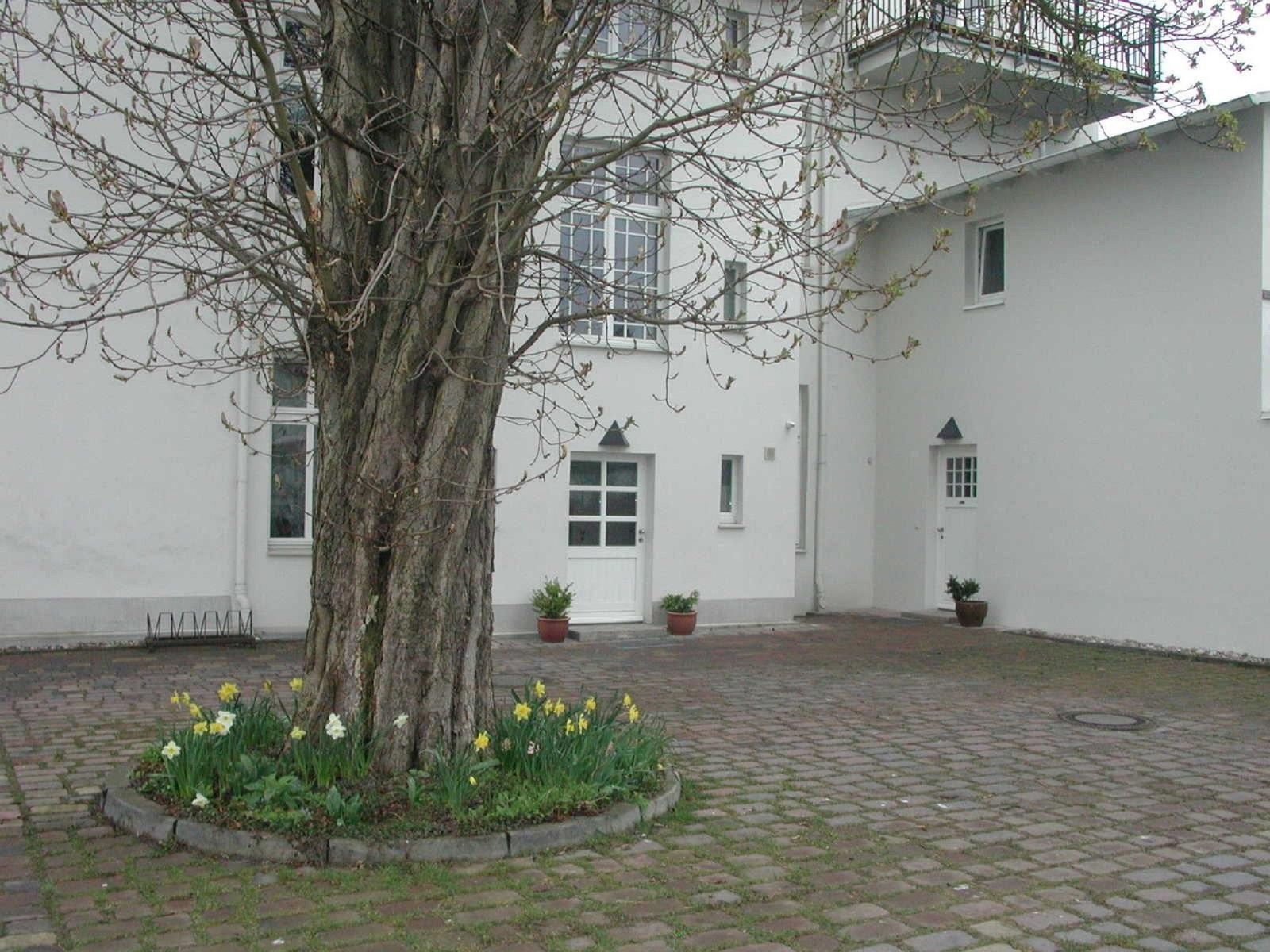 Weiße Villa mit Balkonen und Bäumen im Vordergrund.