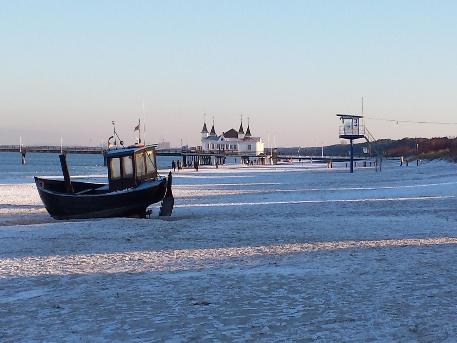Schneebedeckter Weg mit Bäumen und Bänken unter blauem Himmel.