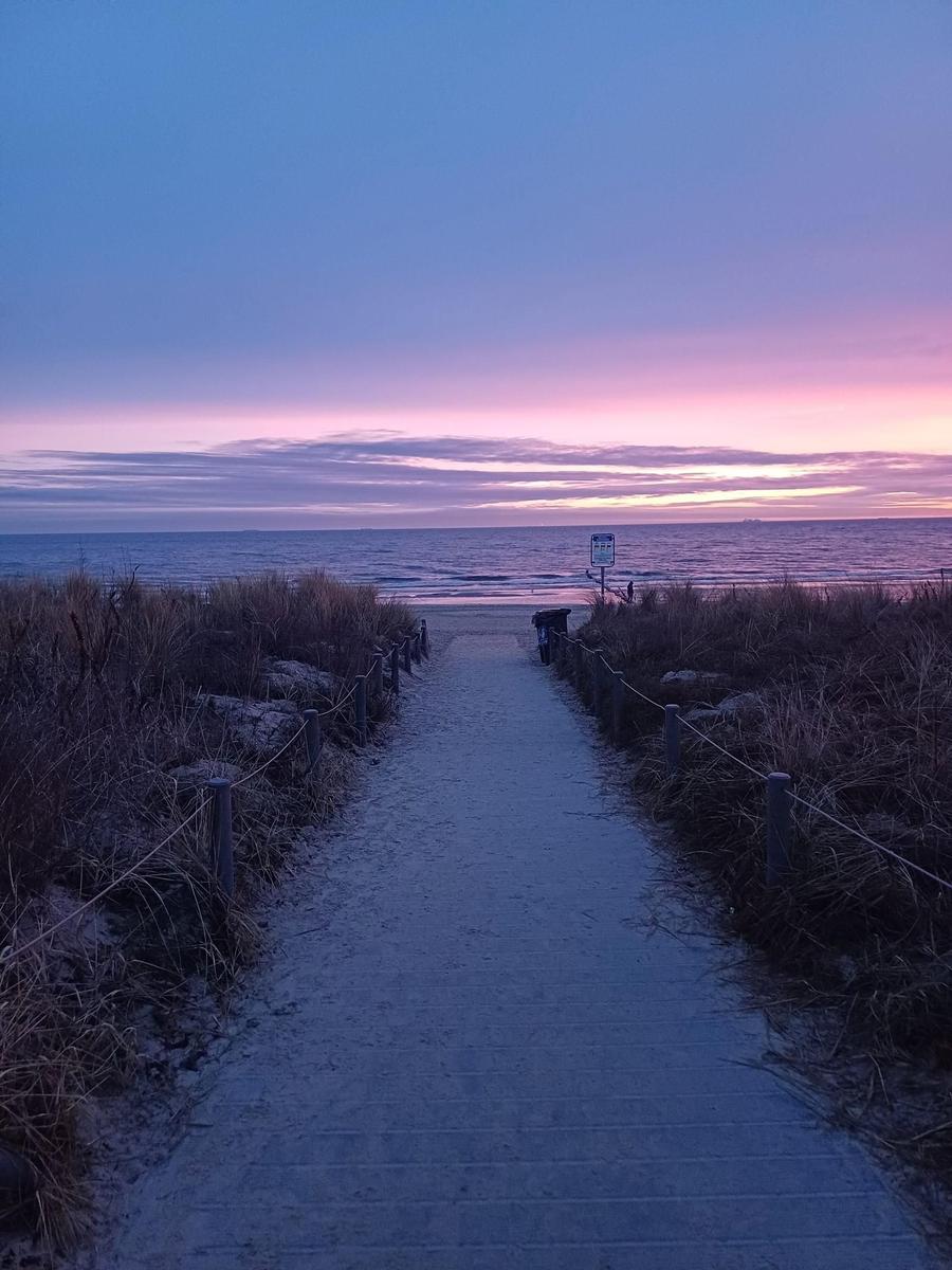 Sunset over the sea with a beach path and dunes.