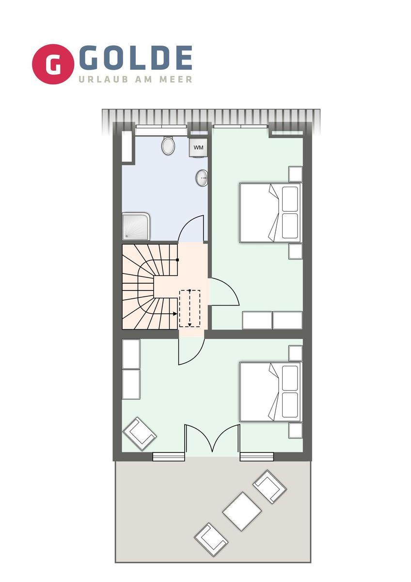 Golde Urlaub am Meer: Grundriss mit Küche, Essbereich, Wohnzimmer, Bad und Treppe.