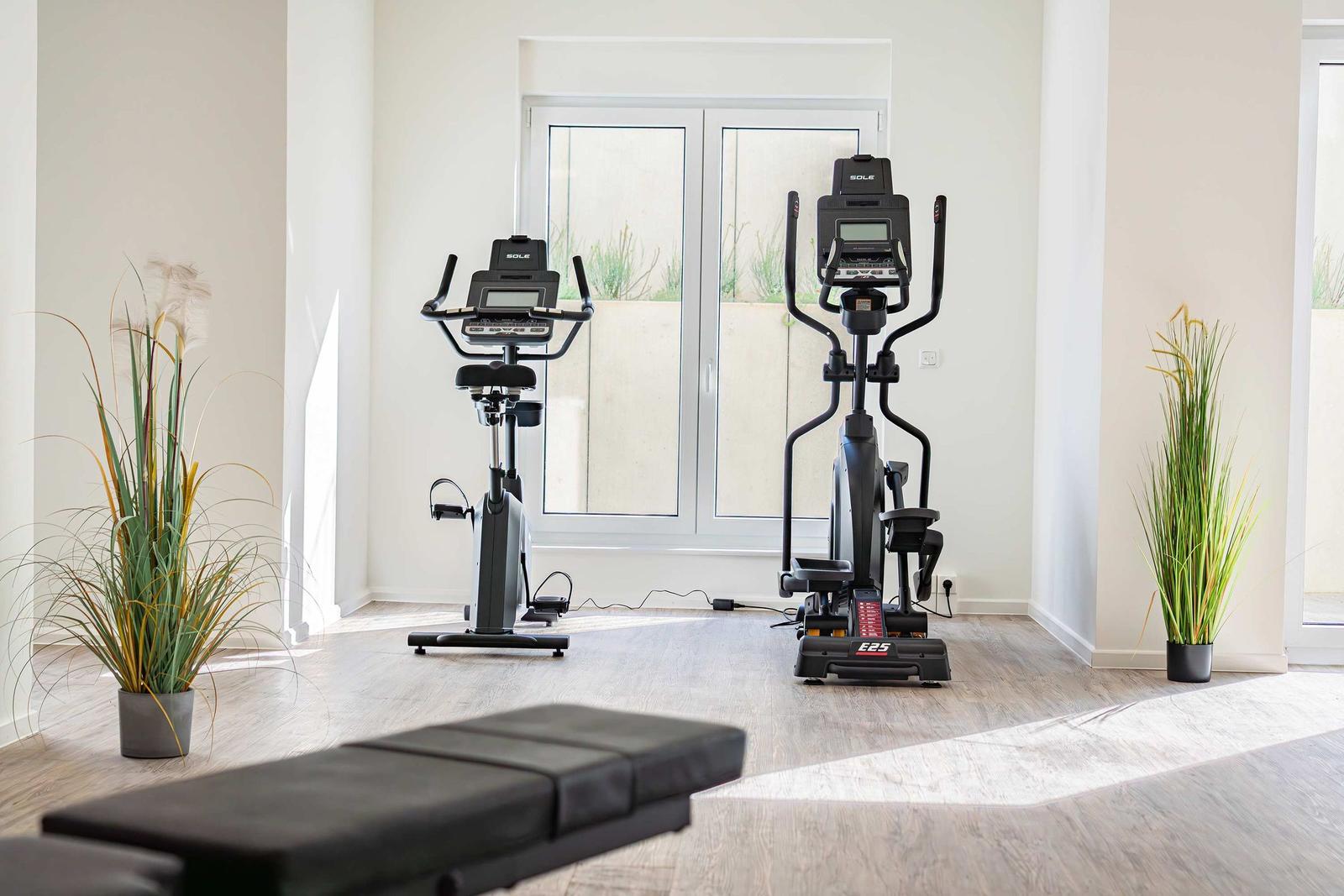 Fitnessraum mit Laufband, Kraftstation und anderen Geräten auf Holzboden