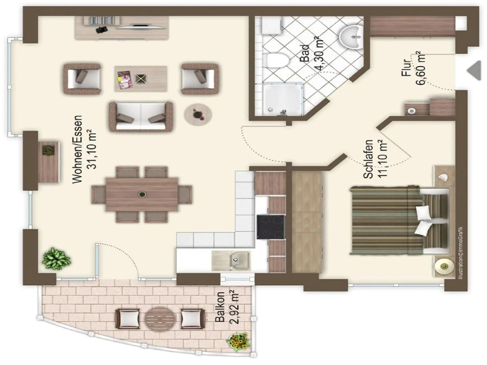 Flur mit Spiegel, Schrank und Tür zu Zimmer und Bad