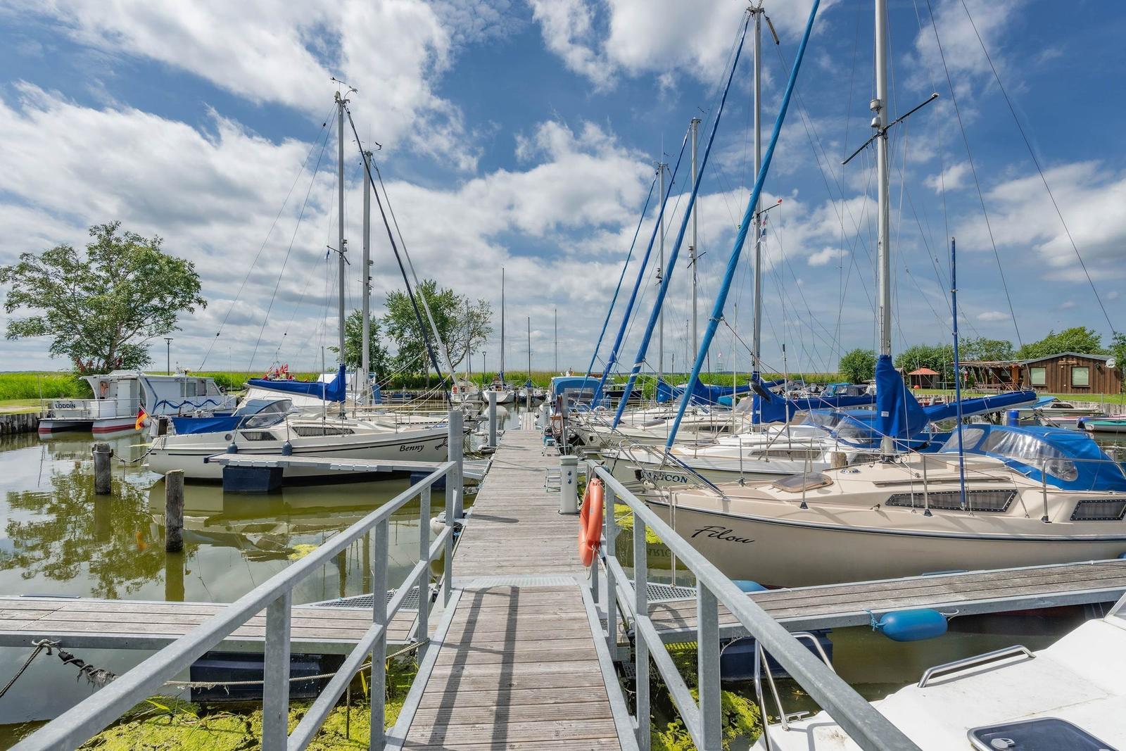 Hafen mit Booten und grüner Vegetation unter blauem Himmel.