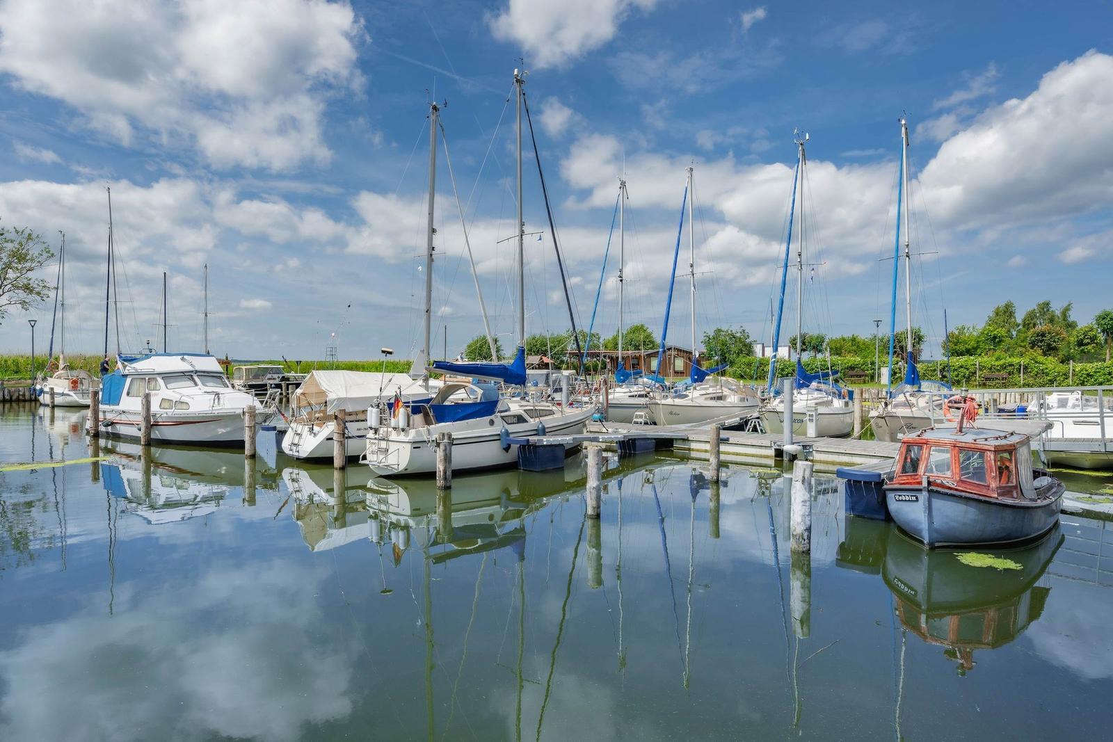 Ruderboote und rote Flaggen stehen am Ufer eines Bootsstegs mit Yachten im Hintergrund.