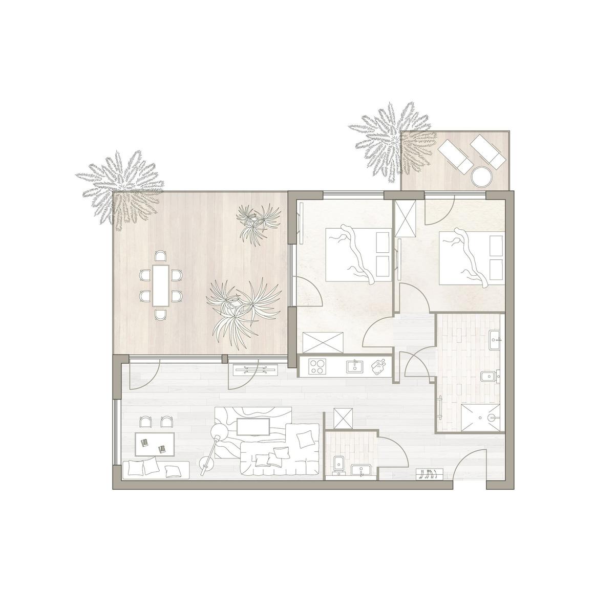Drei Mehrfamilienhäuser mit Balkonen und Terrassen im Wald. Modernes Design mit Holz und Stein.