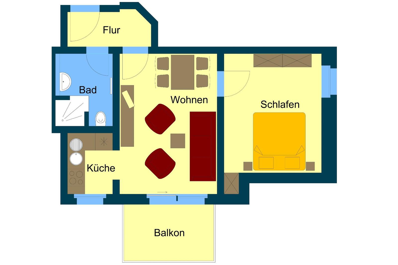 Haus mit Garten, Blumenbeete und Grillplatz unter blauem Himmel.