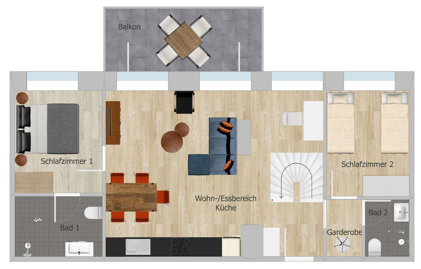 Modernes Mehrfamilienhaus mit Terrasse und Parkplätzen