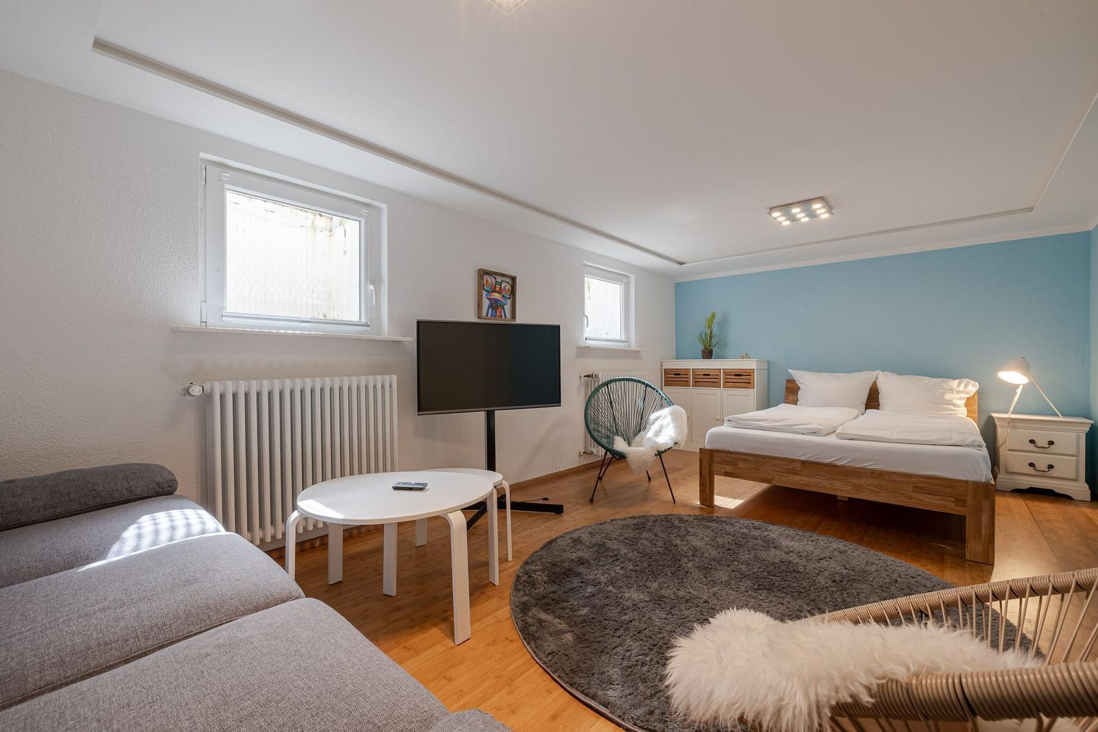 Wohnschlafbereich mit Holzbett, grauem Sofa, rundem Teppich und Fernseher.