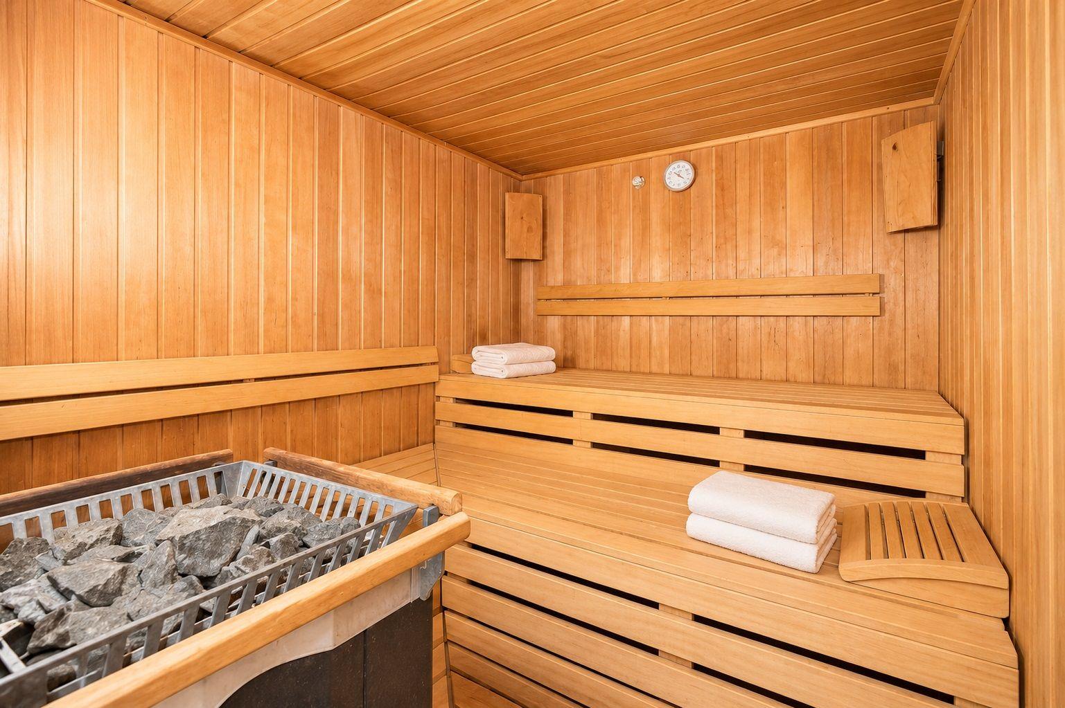 Sauna mit Holzbanken und Steinmulde für Erwachsene und Kinder.