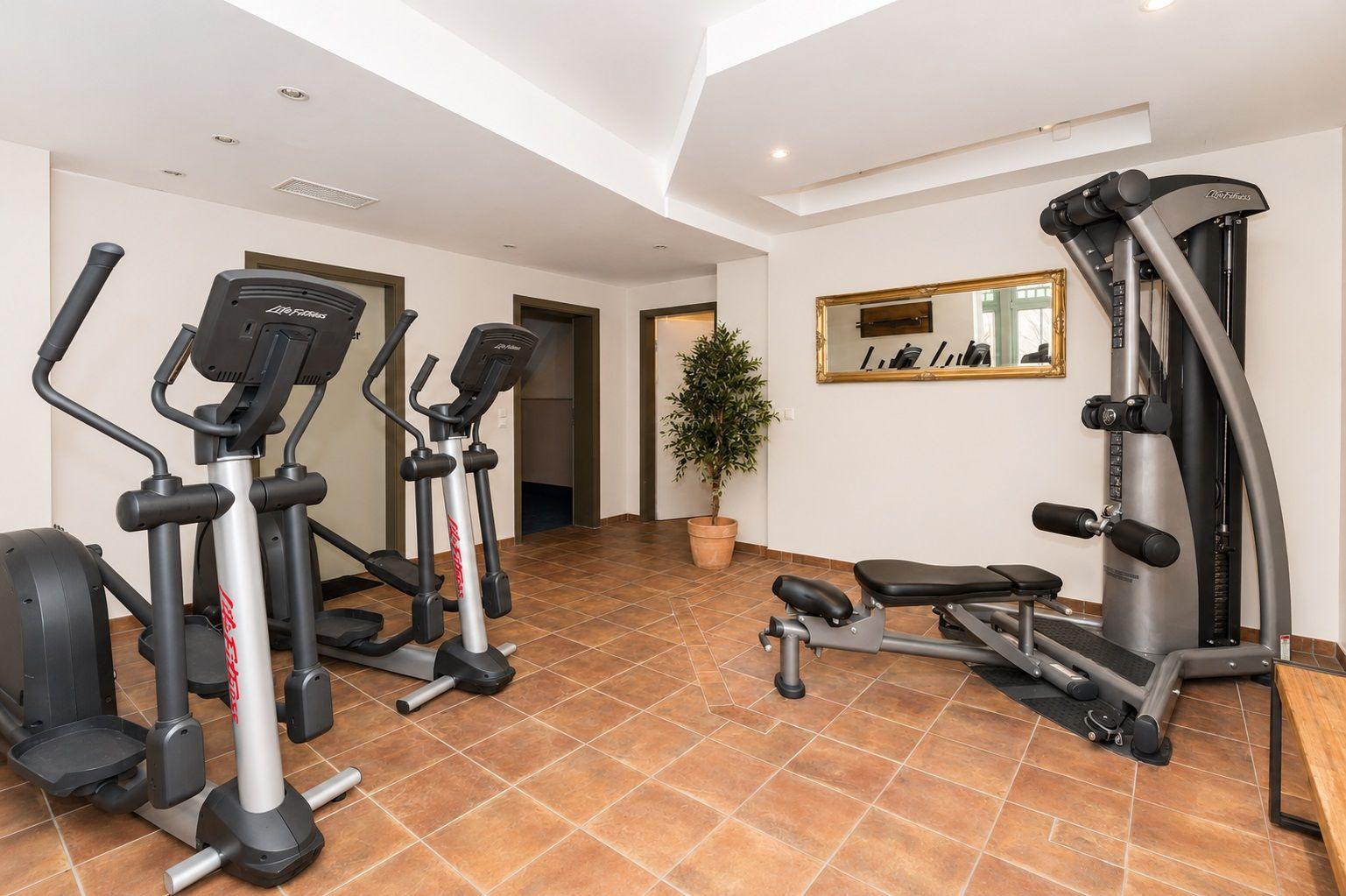 Fitnessraum mit Laufband, Kraftmaschine und Spiegel an der Wand.