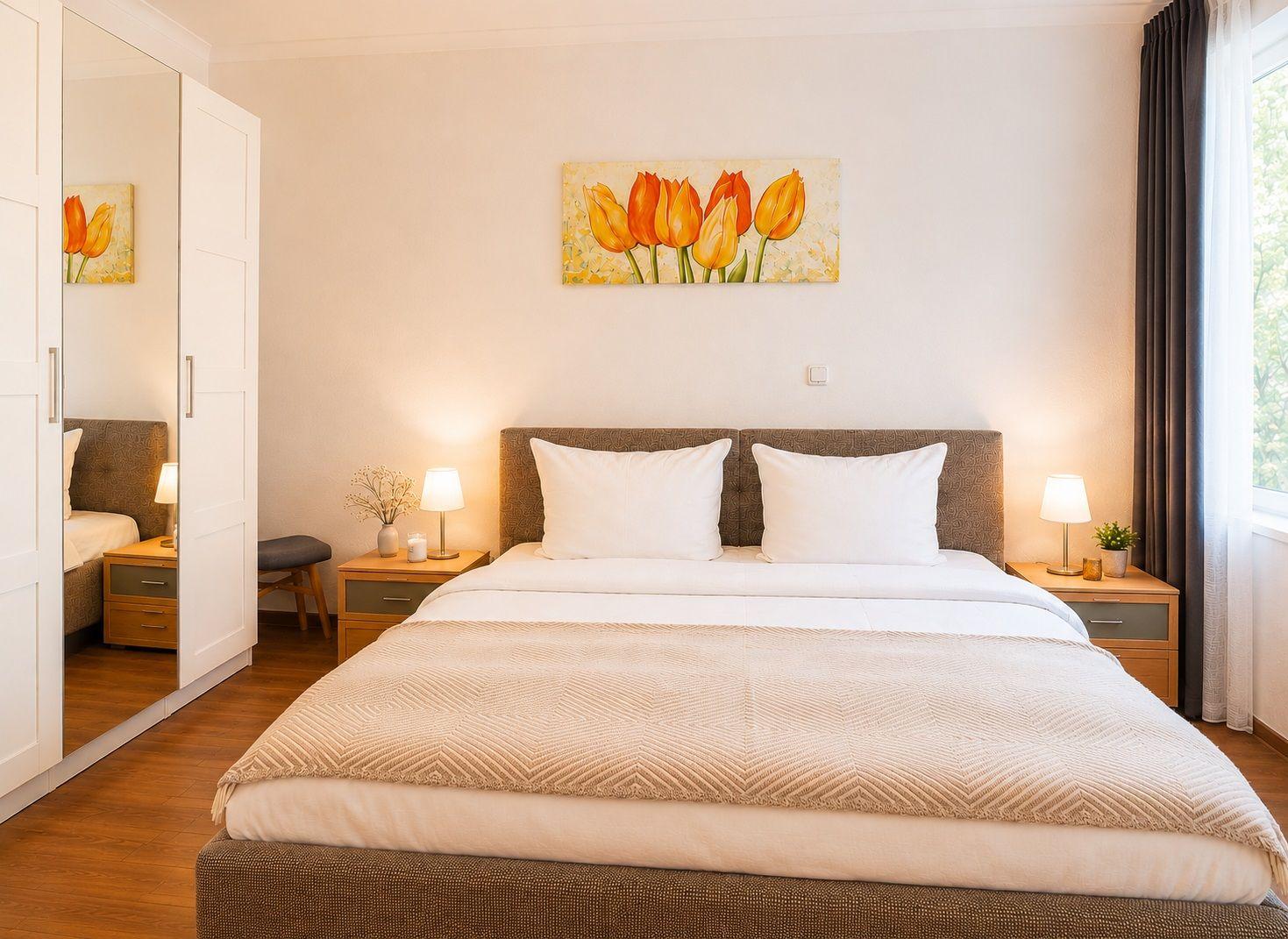Schlafzimmer mit Bett, Nachttischen und Wandbild mit Tulpen.