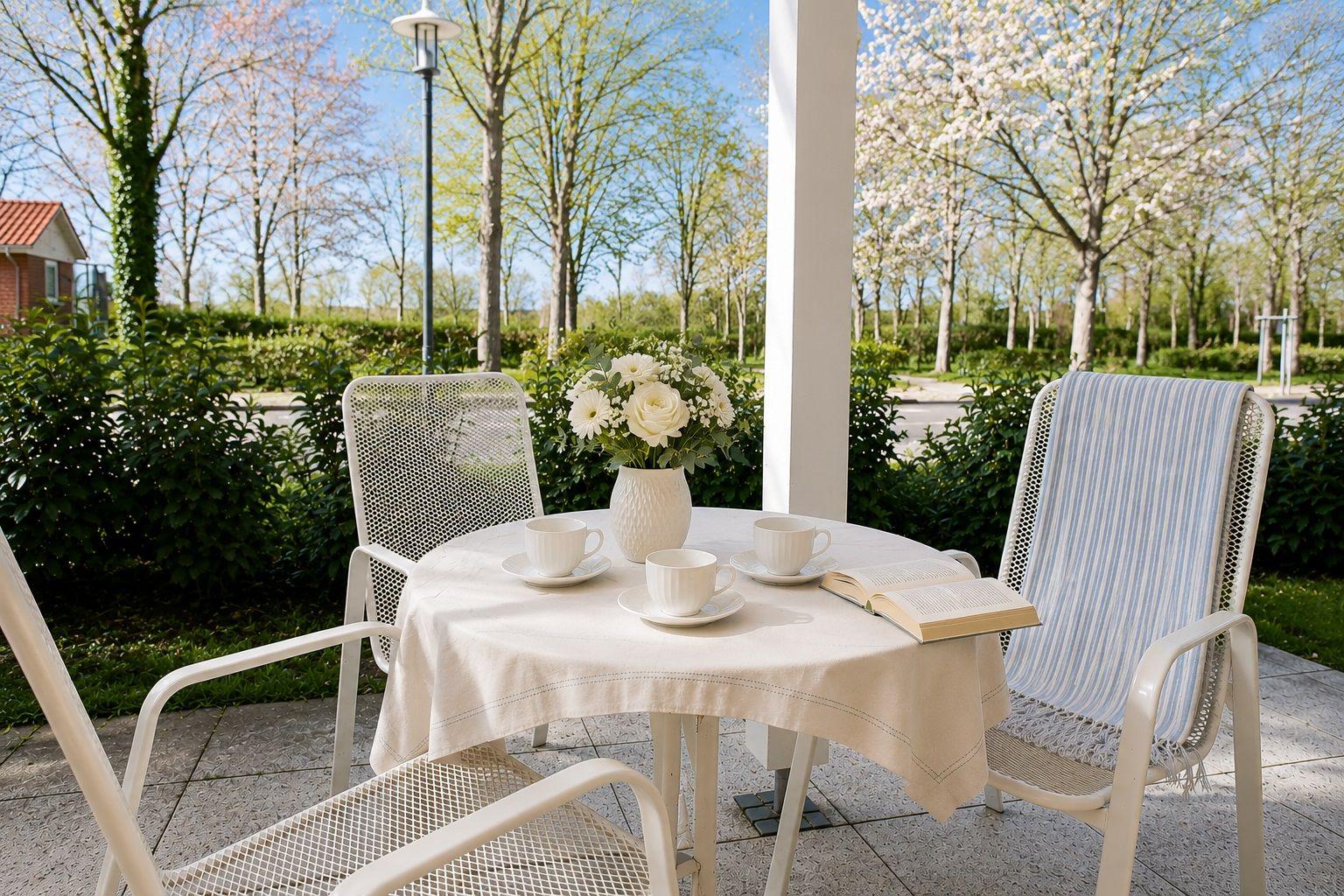 Terrasse mit Tisch, zwei Stühlen, Blume und zwei Tassen. Hintergrund: Bäume und Grünflächen.