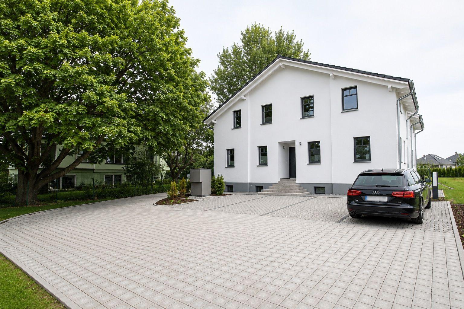 Moderne weiße Villa mit gepflastertem Vorplatz und parkendem Auto.