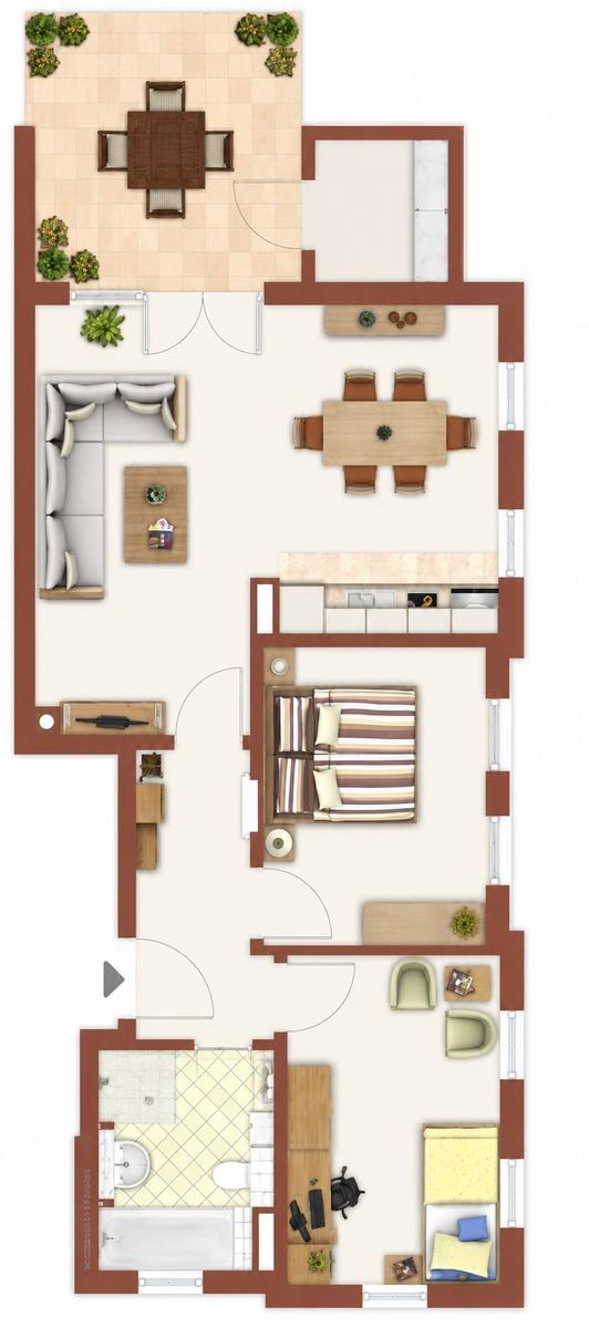 Das Apartment hat eine Terrasse, Wohn- und Essbereich, Schlafzimmer und Bad.