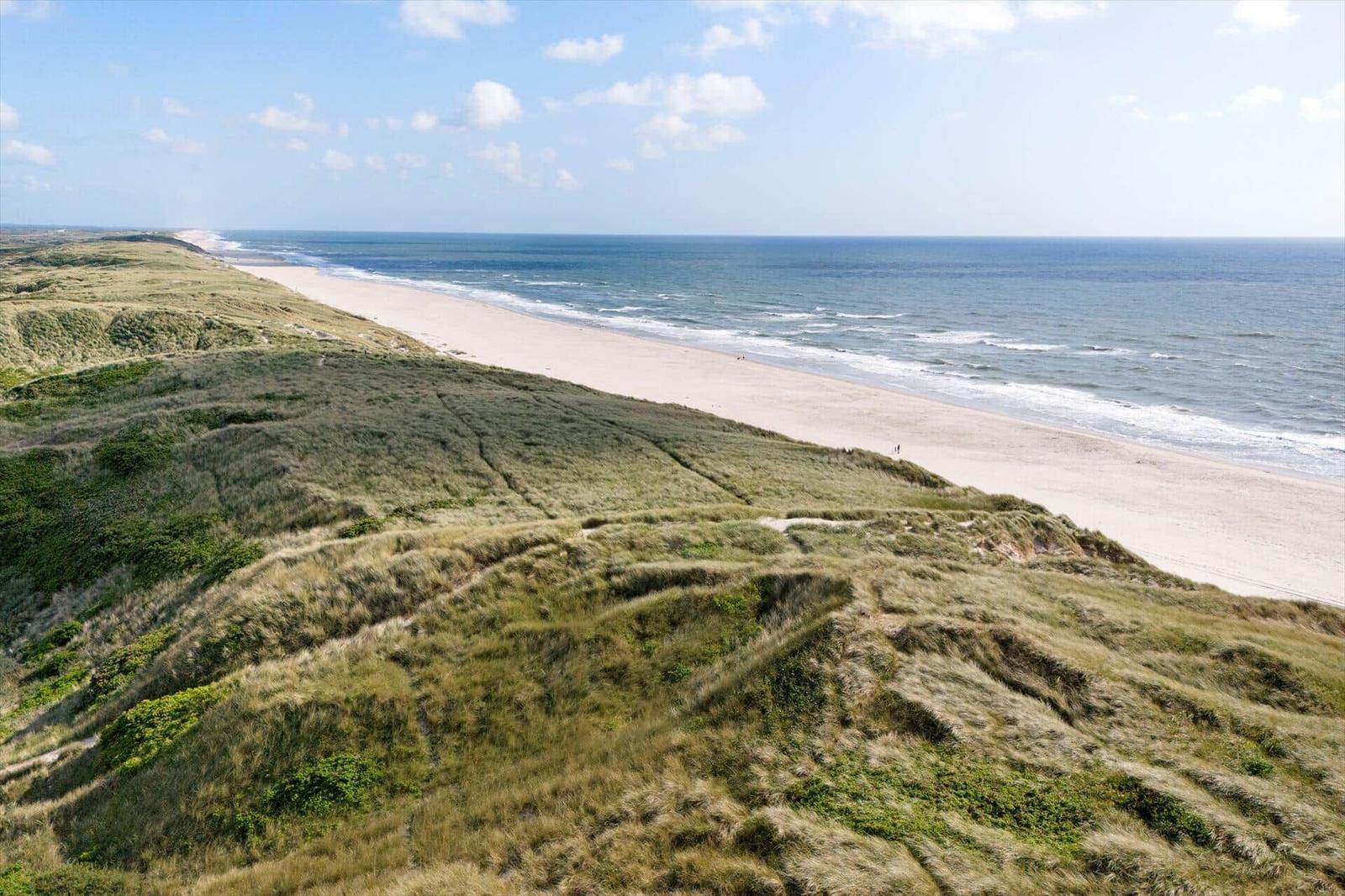 Aerial view of coastal village with dunes, houses, and wind turbines near the sea.