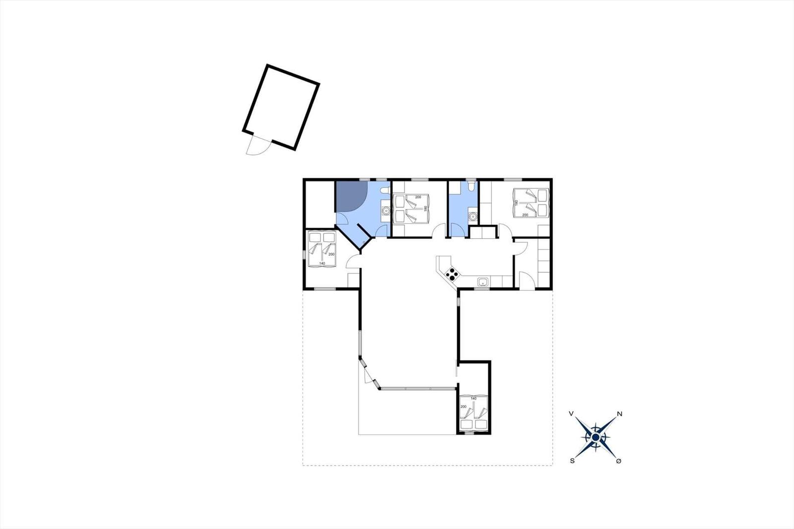 Symbolerklärung für Ferienhausgrundrisse mit Raumbezeichnungen und Möbeln.