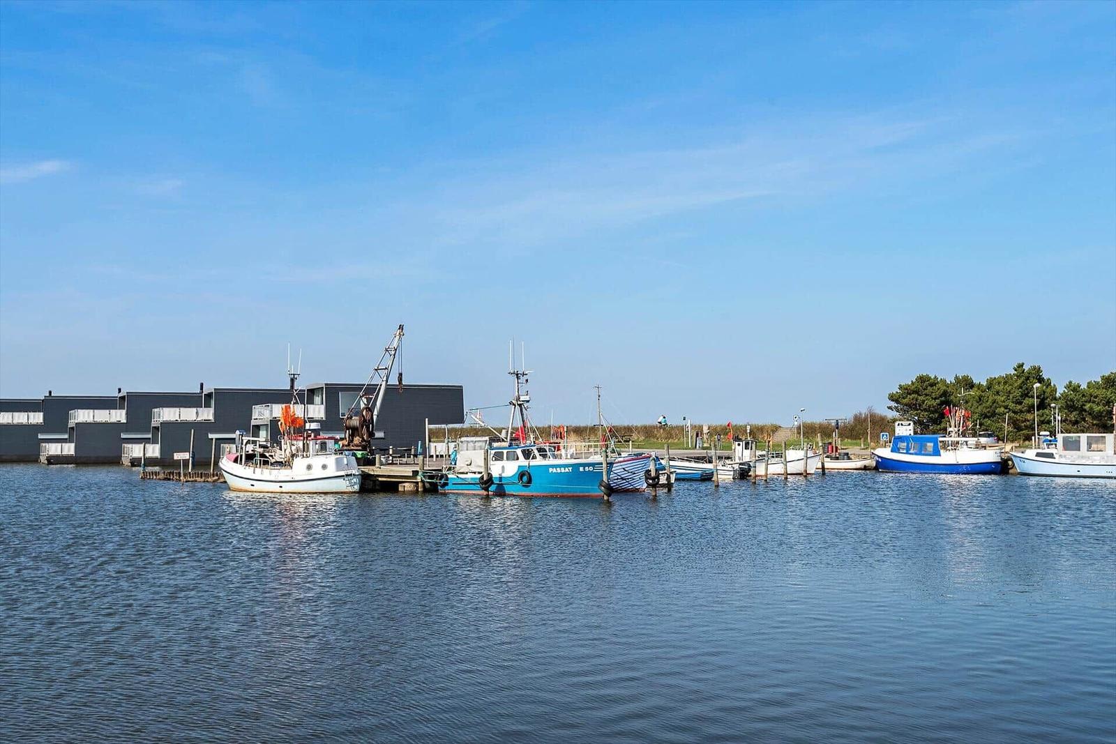 Hafen mit Booten und Stegen. Rote Häuser am Ufer. Klare blaue Himmel.