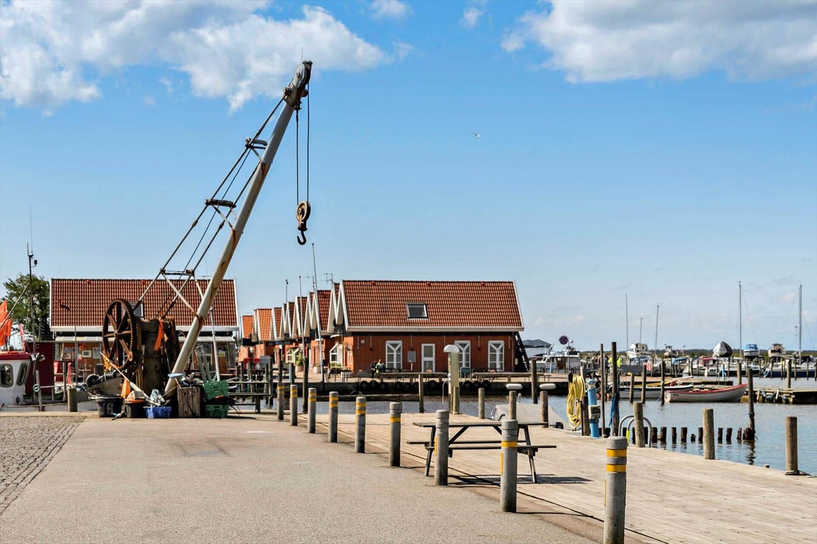 Hafen mit Booten, roten Häusern und Sportanlagen am Wasser.
