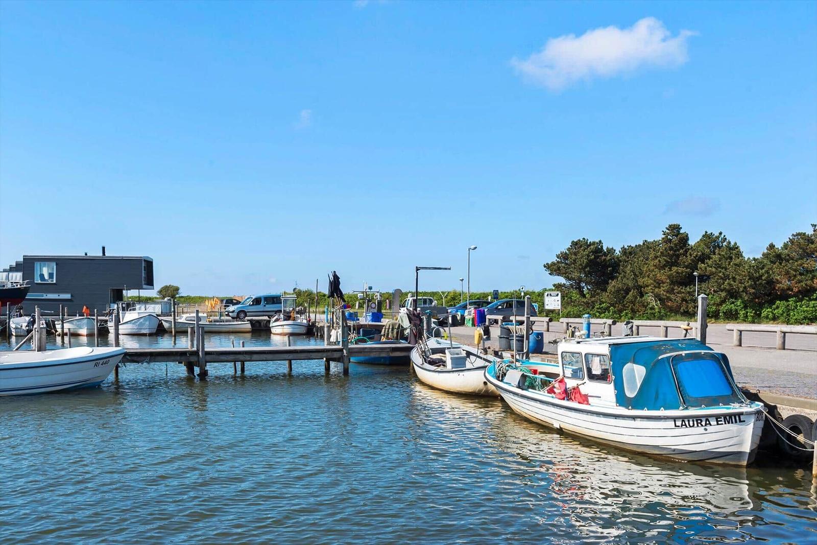 Hafen mit Booten und roten Häusern am Wasser.
