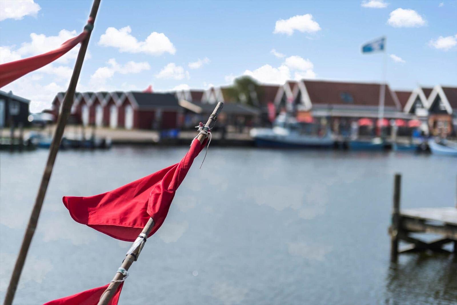 Hafen mit Booten, roten Häusern und grünen Flächen an der Wasserkante.