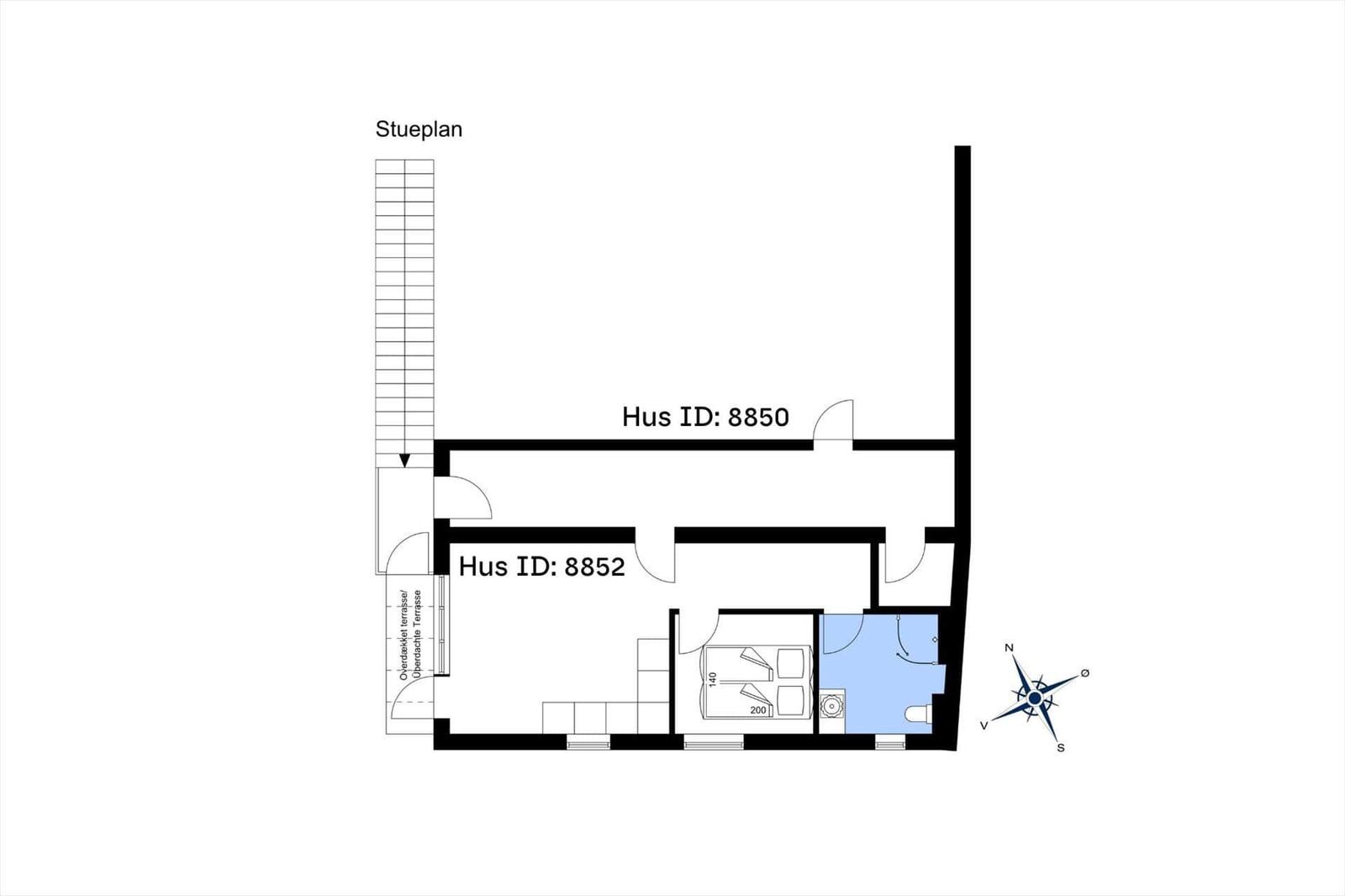 Floor plan shows two apartments with bedroom, bathroom, and covered terrace.
